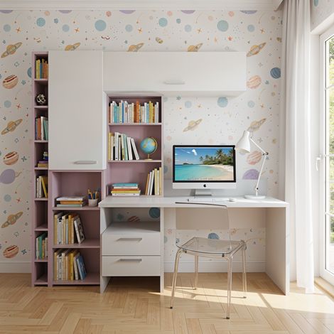 Angolo studio multifunzionale con libreria a profondità variabile e cassettiera integrata - bianco e cipria