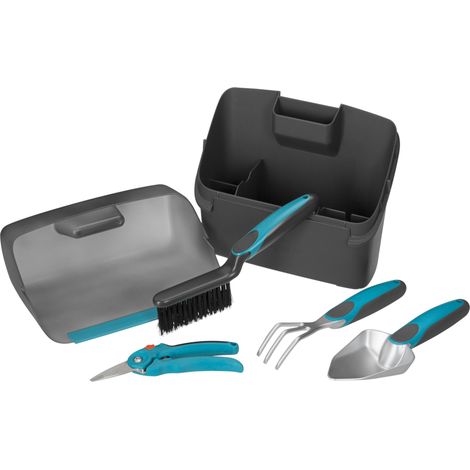 Kit balcon : boîte en plastique avec pelle intégrée et kit 4 pièces pour jardiner sur les balcons et terrasses, transplantoir, griffe à fleurs, sécateur et brosse (8970-20) (1/5)