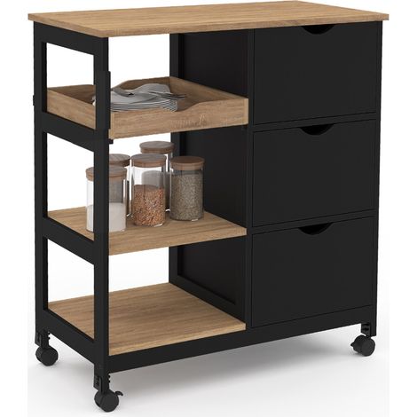 Idmarket – Desserte de cuisine 3 paniers – Plateau amovible noir effet hêtre – Dimensions L.76 x l.40 x H.85 cm – 4 roulettes dont 2 avec frein