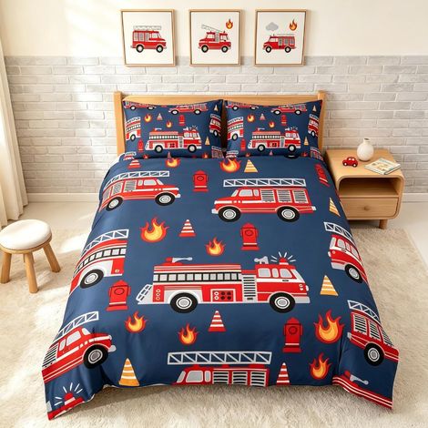 Voiture de Dessin animé Housse de Couette 200x200cm Camion de Pompiers Parure de Lit Enfants garçon Fille Adolescent Chambre Pompier Literie Bleu Rouge (1/5)