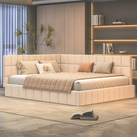 Lit rembourré 160x200 cm avec sommier à lattes, lit double en velours, style canapé-lit, beige