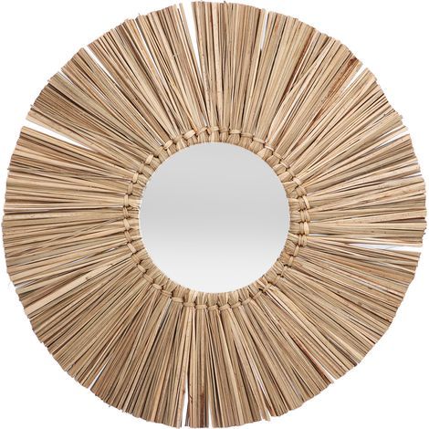 Miroir de Toilette Rond Tressé en Paille Naturelle - Décoration Murale Rétro Style Scandinave avec Franges (1/5)