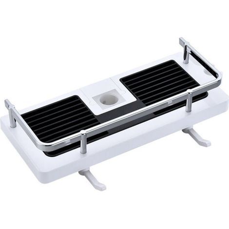 Drill-free shower caddy for pole with showerhead holder, bathroom storage shelf.