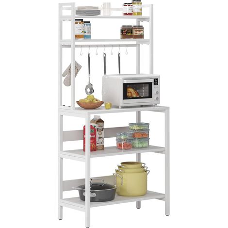 Soges – Étagère de rangement cuisine pour micro-ondes 80 x 40 x 170 cm – Construction métallique robuste – 8 crochets pour ustensiles – Blanc