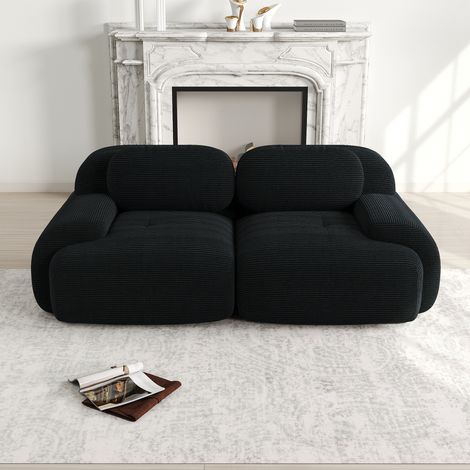 Ecksofa modular aus Cordstoff Schwarz, rahmenlos, mit geschwungenen Armlehnen und rutschfester Unterseite