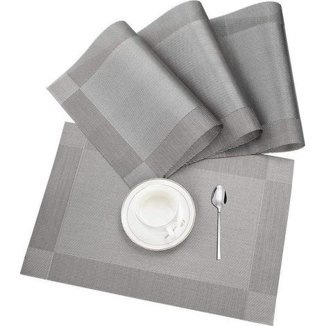 Sets de table, lot de 4 sets de table antidérapants et lavables en PVC, résistants à l'usure et à la chaleur, pour la maison, le restaurant et la table à manger, gris argenté, 45 x 30 cm (1/5)