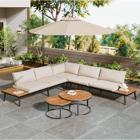 Conjunto de sofás de jardín de hierro galvanizado beige, 6 piezas con 2 sofás de 2 plazas, 2 sillones, 2 mesas y cojines (1/5)