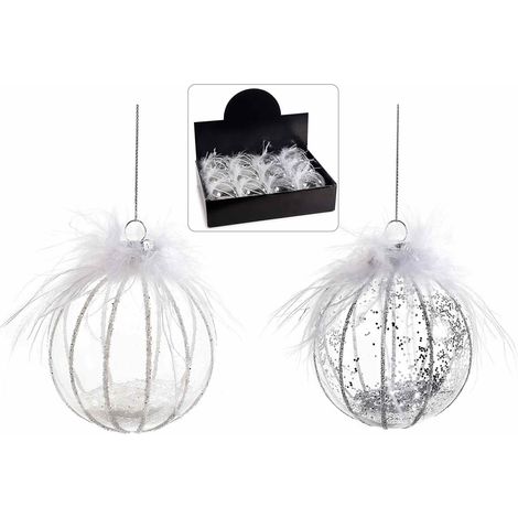 Palline in vetro trasparente con pagliuzze e piumette in espositore, set da 12 pezzi, Ø 8 cm
