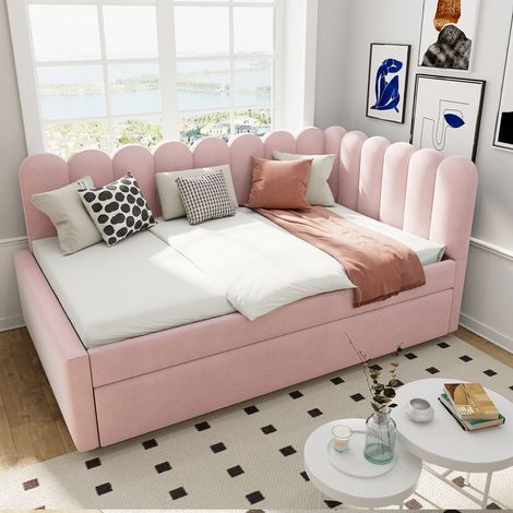 Canapé convertible en velours rose, forme L, 140x200 cm, dossier à motif floral, lit rabattable (1/4)