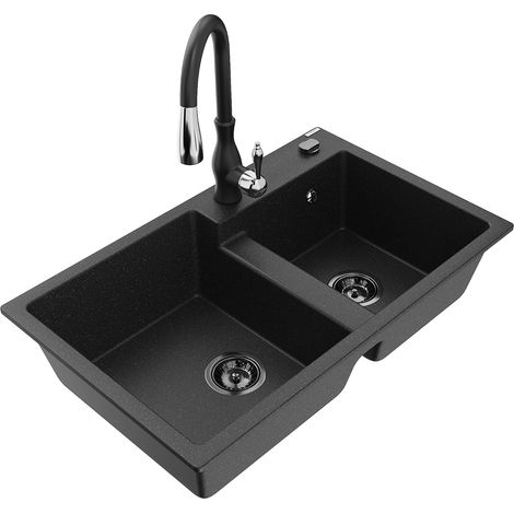Mexen Tomas lavello in granito a 2 vasche con miscelatore cucina Savita, nero/argento metallizzato - 6516-73-672601-70-B (1/5)