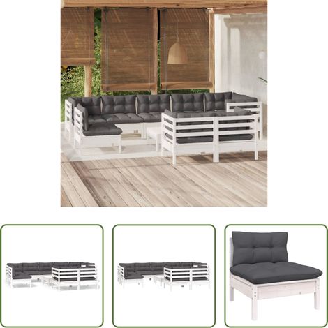 Terrassensofa - 10-tlg. Garten-Lounge-Set mit Kissen Weiß Kiefer Massivholz (1/5)