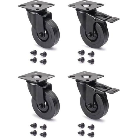 Lot de 4 roulettes noires avec visserie de fixation, diamètre 75 mm, plastique et acier, noires (1/5)