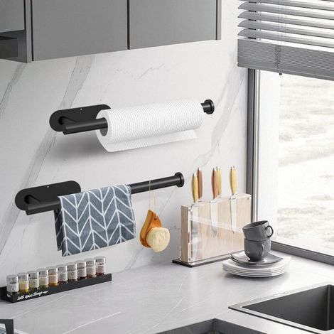 Portarotolo da cucina a parete, asta autoadesiva, mensola, acciaio inox SUS304, 33 cm (Nero, 1) (1/4)