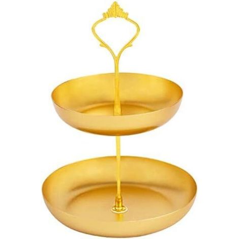 Double Layer Metal Desktop Organizer Tray, Jewelry and Cosmetic Storage Tray, Dessert Fruit Tray, Iron Snack Tray (Gold) (1/5)