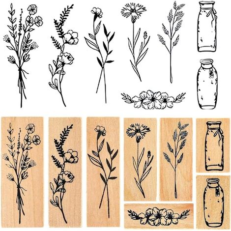 8 Pièces Tampon Fleur,Botanique Timbre Tampon Fleur Artisanat Bois Vintage Motif Scrapbooking Timbre pour Fabrication Cartes Scrapbooking Bullet Journal Emballage Cadeau (1/5)