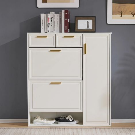 Moderne Schuhschrank, mit verstellbaren Regalen, goldenen Griffen, Schubladen, Klappschuhschrank und Türen,  weiß, B95/D24/H107.5