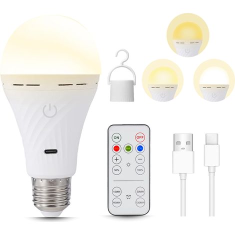 Ampoule LED E27 rechargeable 2200 mAh, 3 couleurs de lumière, avec télécommande, charge USB, ampoule de secours pour éclairage d'urgence et camping (1/5)