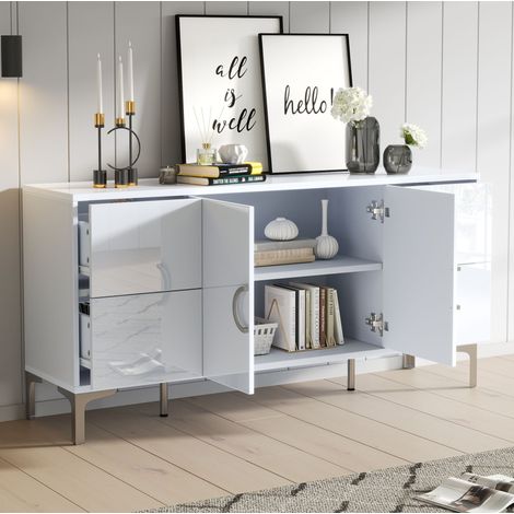 Sideboard (150x38x59,5 cm), mit 4 Schubladen und 2 Türen, grifflos, MDF, Weiß (1/5)