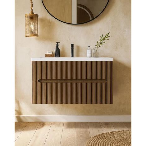 Exagonshop Mobile bagno noce chiaro 120x46 cannettato Urbino con