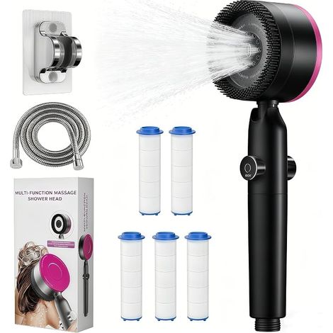 Tête de douche salle de bain avec 5 filtres, 4 modes incluant les nanobulles et la pluie, tête de douche avec brosse en silicone, flexible 1,5 m Tête de douche anti-explosion, tête de douche, noir (1/4)