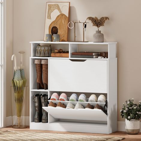 Meuble à chaussures à 2 portes, avec séparateur ajustable, compartiment ouvert pour 12 paires de chaussures, 89 x 25 x 92 cm, blanc (1/5)