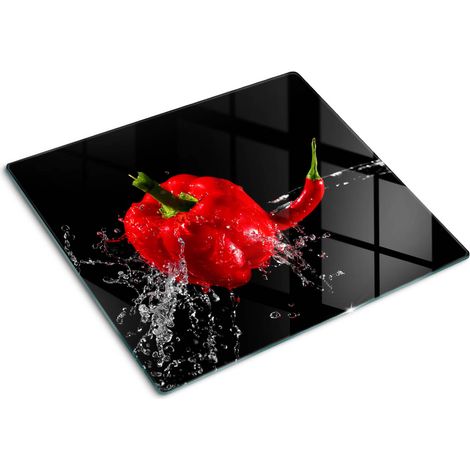 Planche de cuisine, couvre plaque, verre planche découper, verre trempé – 60 x 52 cm - Poivron rouge