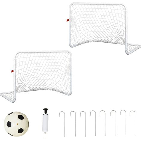 Lot de 2 buts de football avec filet, ballon et gonfleur, jouet sport extérieur de jardin pour enfants et adultes, cadre acier et filet polyester, dimensions 78x46x56 cm, blanc