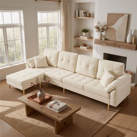 Canapé en velours côtelé moderne 4 places avec pouf flexible – librement combinable en canapé d'angle en L, assises épaisses et moelleuses, pieds en fer de 20 cm de haut, canapé lounge spacieux pour s (1/5)