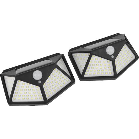 Lot de 2 lampes solaires murales d'extérieur à détecteur de mouvement, 4 faces, 100 LED haute luminosité, étanches. (1/5)