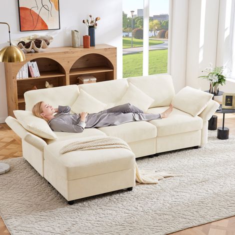 Canapé d’angle en chenille beige 218x156,5x86 cm avec pouf modulable et accoudoirs réglables (1/5)