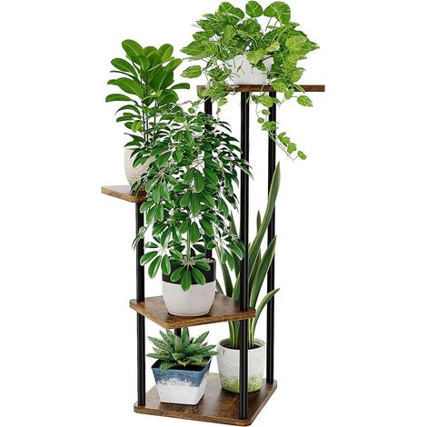 Support Plantes Intérieur 4 Niveaux Blanc, Porte Plante Intérieur En Métal Pour Plusieurs Plantes, Étagère Plante D'Angle, Porte Plante Extérieur Pour Balcon, Jardin, Salon (Brun Rustique) (1/5)