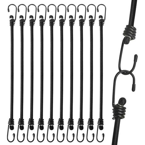 Pack de 10 sandows élastiques noirs Ø8 mm × 30 cm, pour camping, tentes, bâches moto et cargo (1/5)