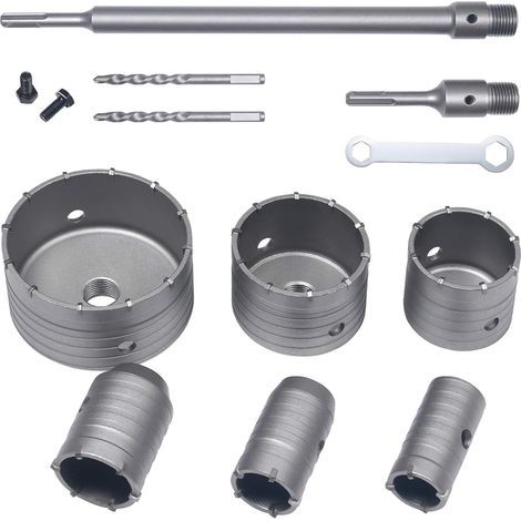 Scie à Cloche Trépan, Set de Scies Cloches, 10 PCS Trépan Béton SDS Tige d'Extension Pointe en Carbure de Tungstène- Ø35mm, 40mm, 50mm, 65mm, 80mm et 110mm, Haute Qualité (1/4)