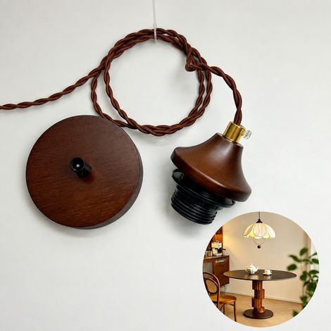 Suspension Luminaire Vintage Bois Noyer, modèle petite soucoupe volante 1 m torsadé marron, Abat-Jour 150 g – Livraison gratuite (1/4)