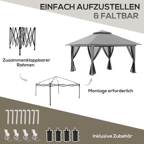 Pavillon pliable, hauteur réglable, 4 parois en filet, toit ventilé, sac de transport, montage rapide, gris foncé, 4 x 4 x 3 m (1/4)