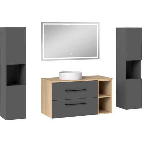 Océan Ensemble Meuble Salle de Bain 100 cm avec Lavabo, miroir led + 2 colonnes 131.5cm, anthracite + chêne (1/5)