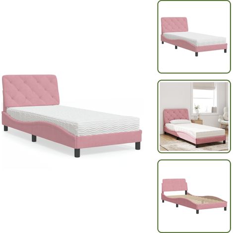 The Living Store Lit avec matelas rose 90x200 cm velours - Matelas en mousse (1/5)