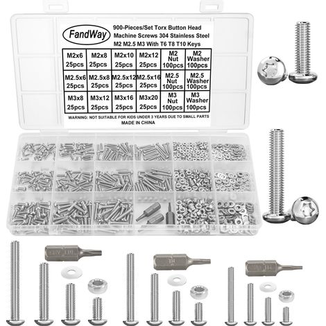 M2 M2.5 M3 Torx Vis à Métaux et écrous,900 Pièces Vis à Tête Ronde Torx,Boulon et écrous Rondelles,Boulons Tete Bombée Entièrement Filetées en Acier Inoxydable 304. (1/5)