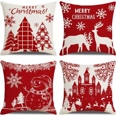 Set di 4 federe per cuscini con motivo natalizio "Buon Natale", renne, castello e pupazzo di neve, perfette per divano, camera da letto e casa. Dimensioni: 45 x 45 cm.