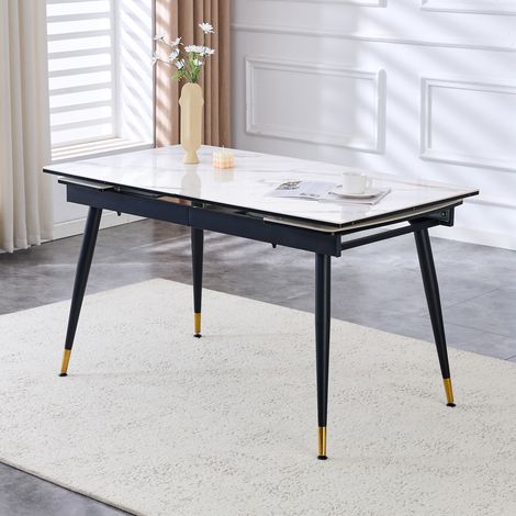 Table de salle à manger extensible avec plateau en céramique, structure en métal noir et pieds dorés, longueur env. 140–200 cm, table seule (chaises non incluses) (1/5)