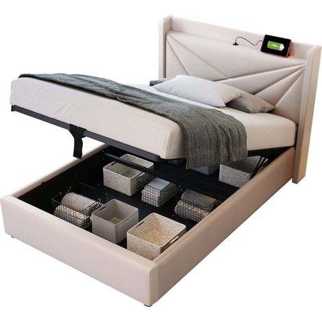 Cama Individual 90x200 cm de Tela con Arcón, USB y Tipo-C, Cabecero, Colchón Incluido, Beige (1/5)