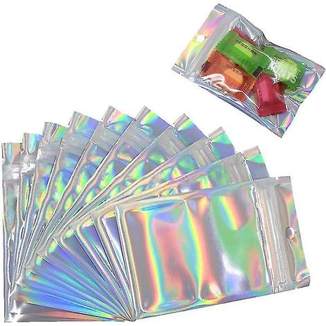 Lot de 100 grands sachets Mylar refermables et anti-odeurs. Fermeture éclair avec feuille holographique colorée.