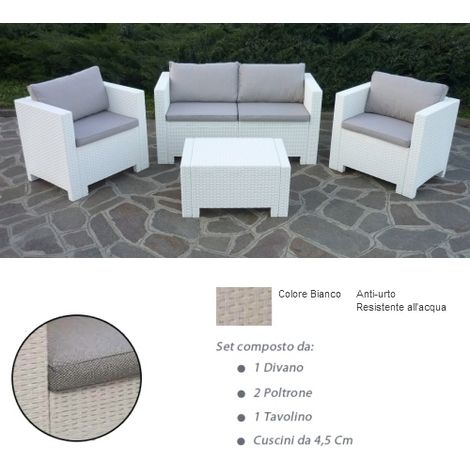 Divano con Poltrone e Tavolino/Salotto/Salottino in Polyrattan per Esterno/Arredo Giardino - Mod. Dubai bianco