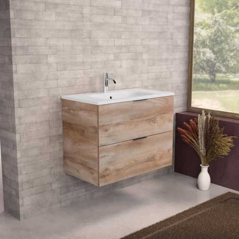 Inda - Meuble de salle de bain L.80 avec vasque mate / Chêne (1/5)