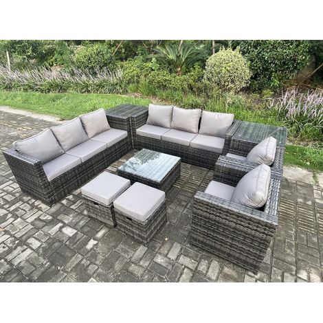 Fimous Outdoor Rattan Garden Furniture Set 10 Seater Patio Lounge Sofa Set with 2 Armchairs Square Coffee Table 2 Side Tables 2 Small Footstool Dark Grey Mixed (1/5)