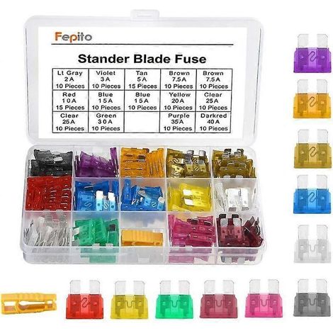 Assortiment de 150 fusibles standard pour voiture (fusibles à lames de 2 A, 3 A, 5 A, 7,5 A, 10 A, 15 A, 20 A, 25 A, 30 A, 35 A et 40 A) pour voitures et camions, avec 1 extracteur de fusibles et 1 bo (1/4)