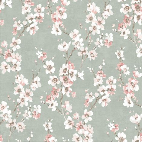 Melody Floral Wallpaper Sage Green Pink Blossoms Flowers Botanical Natural (1/4)