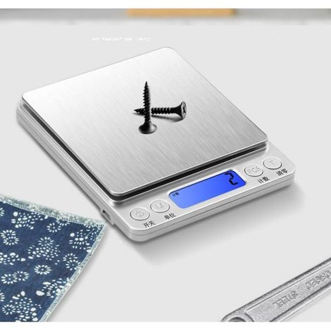 Balance De Cuisine - 2000 G / 0.1 G - Écran LCD Rétroéclairé - 9 Unités De Mesure - Plateau Acier Inoxydable 12.7 X 10.6 Cm - 7 Piles AAA Incluses (1/5)