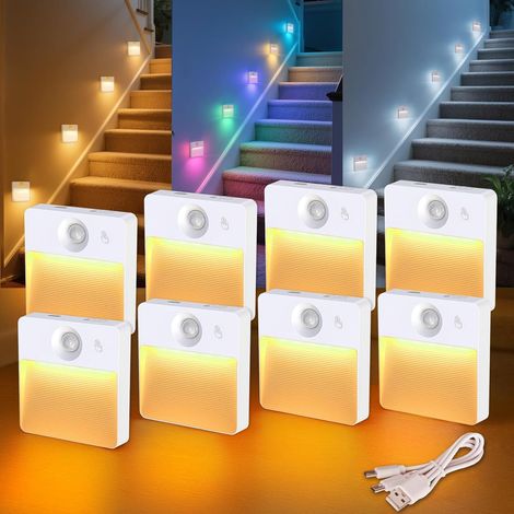 Juego de 8 luces recargables con sensor de movimiento – RGBW, adhesivas y magnéticas – para escaleras, armarios, pasillos y baños. (1/4)