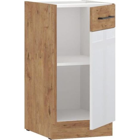ROCK - Mueble bajo - Melamina de roble Lancelot y Blanco brillante - 40 cm - 1 puerta abatible - Encimera no incluida (1/2)